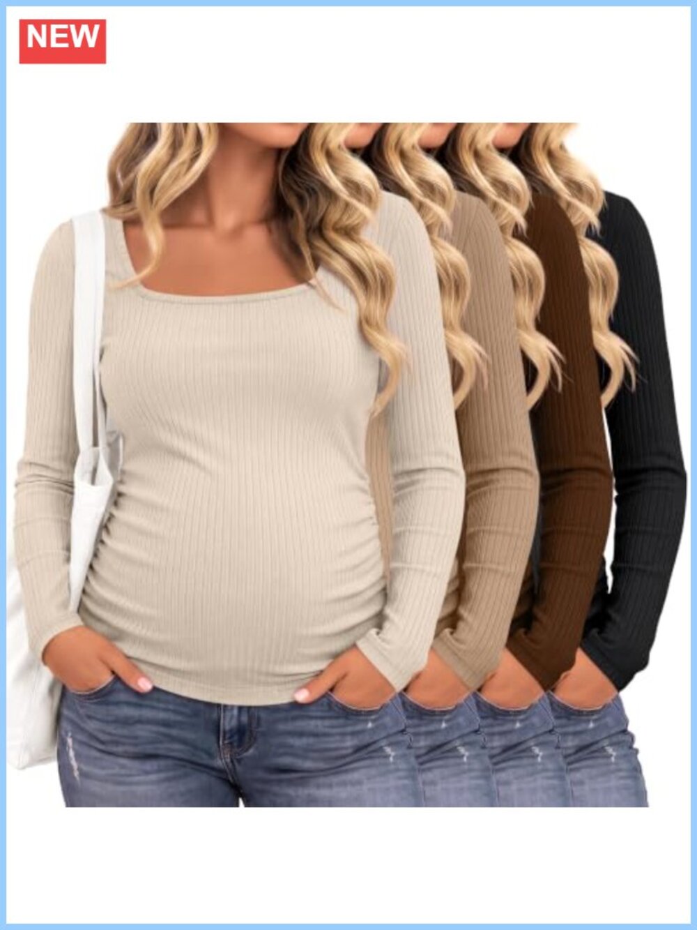 Maternity Long Sleeve Square Neck Ribbed Ruched Tops 4 Pack - Picture 1 of 5